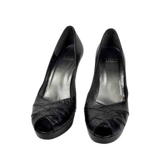 STUART WEITZMAN Pip Toe Platform Heels Sz. 9 Black Croc Leather Stiletto Classic - Picture 8 of 11
